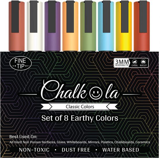 Fine Tip Chalkboard Chalk Pens - Pack of 8 Classic Earth Colors | Non Toxic Wet Erase Liquid Chalk Ink Markers | 3mm Reversible Bullet & Chisel Nib