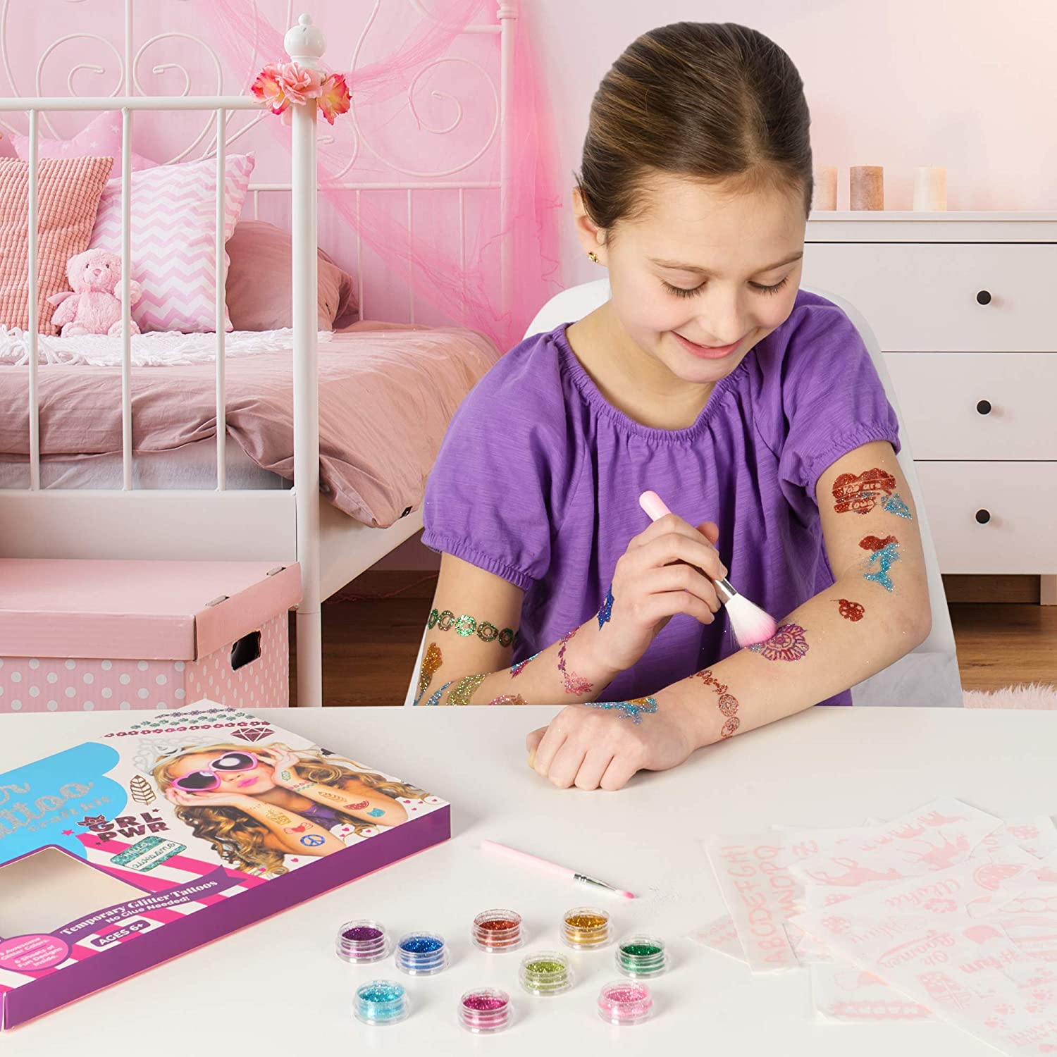 PURPLE LADYBUG Glitter Tattoo for Kids, Glitter Tattoo Kit 9 Colours, 175 Designs, 5 Year Old Girls Gifts - Image 2