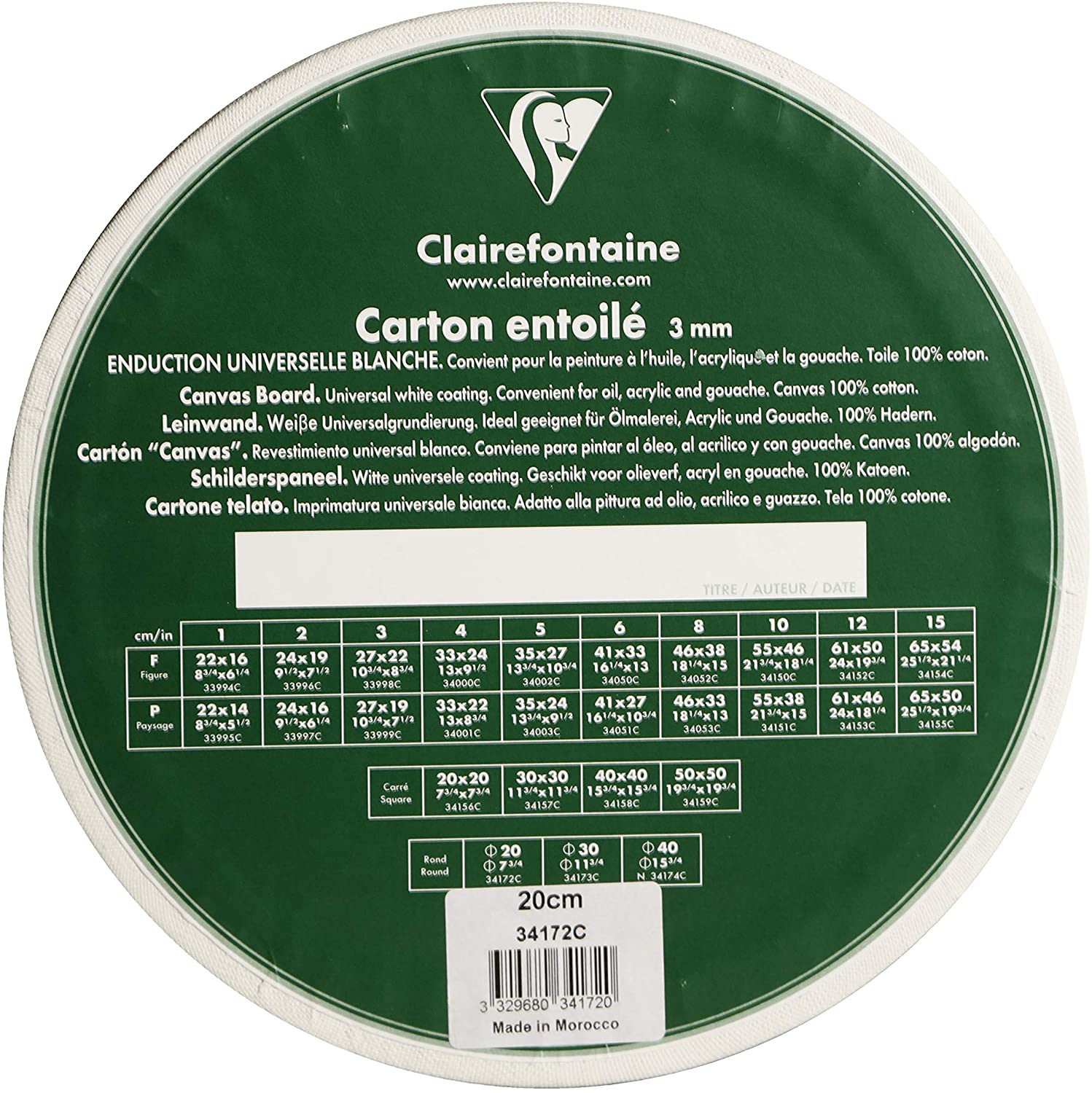Clairefontaine, Ref 34172C, White Canvas Board (Round), 20 x 20cm, 3mm Thick, Made from 100% Cotton