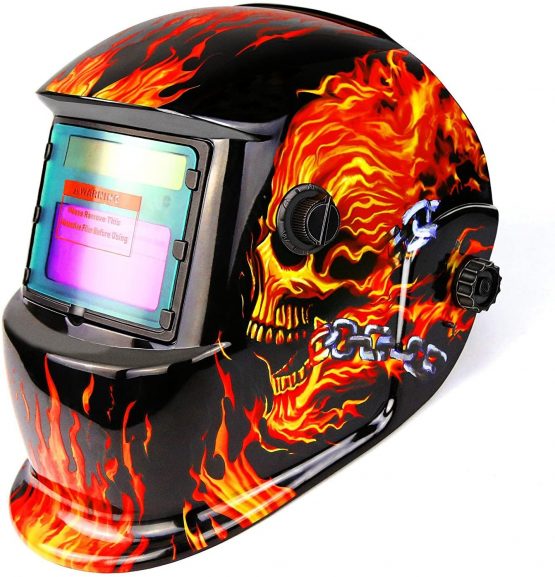 DEKO Welding Mask Solar Powered Auto Darkening Hood with Adjustable Shade Range 4/9-13 for Mig Tig Arc Welder Mask Shield Flaming Skull Design