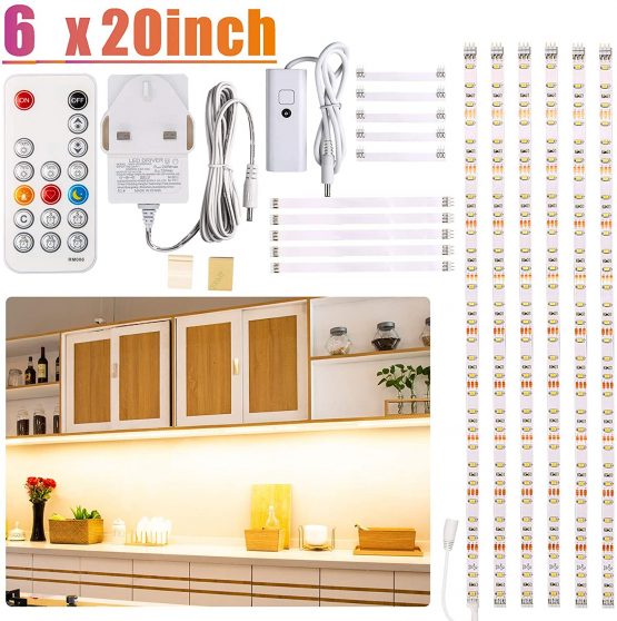 WOBANE Under Cabinet LED lighting kit, 6 PCS LED Strip lights with Remote Control Dimmer and Adapter, Dimmable for Kitchen Cabinet,Counter,Shelf,TV Back,Showcase 2700K Warm White, Bright, Timing 9.8ft