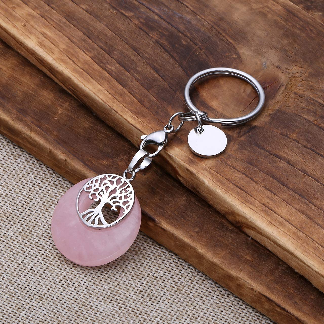 Jovivi Rose Quartz Healing Crystal Keyring Tree of life Gemstone Keychain Key Ring Gifts for Women Girls, 22mm - Image 4