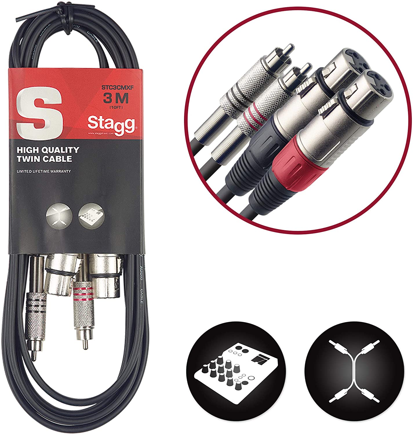 Stagg 25018317 3 m S Series Twin RCA Male to Twin XLR Female Cable, Black, 3m