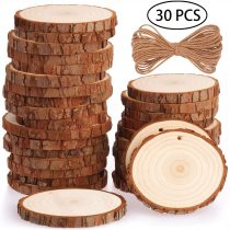 Fuyit Natural Wood Slices 30 Pcs 7-8cm Drilled Hole Unfinished Log Wooden Circles for DIY Crafts Wedding Decorations Christmas Ornaments with Free Gifts