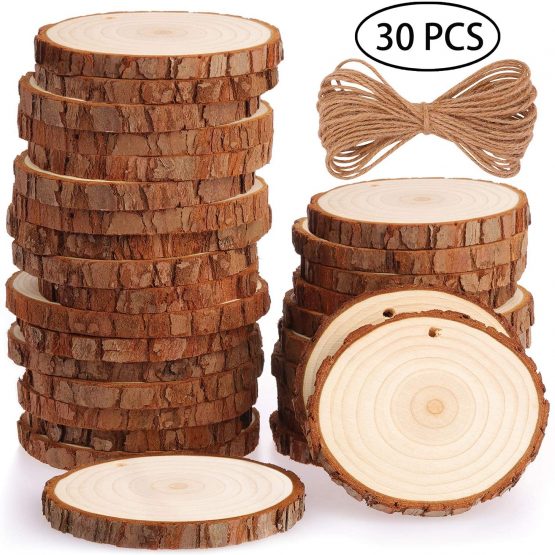 Fuyit Natural Wood Slices 30 Pcs 7-8cm Drilled Hole Unfinished Log Wooden Circles for DIY Crafts Wedding Decorations Christmas Ornaments with Free Gifts