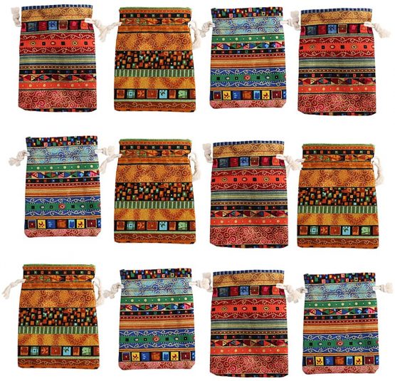 kilofly 12pc Egyptian Style Jewelry Coin Pouches Aztec Print Drawstring Gift Bag