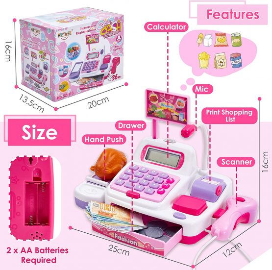 BUYGER 34 Pcs Kids Mini Childrens Toy Till for 3 Year Old Boys/Girls, Pretend Cash Register Till Toy with Scanner for Kid, Role Play Money Shopping toy for toddler, Pink, 24*12.5*16cm - Image 4