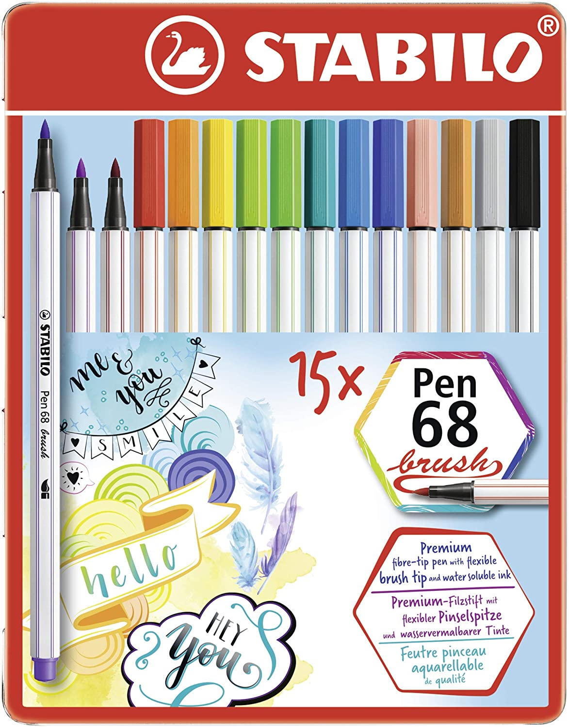 STABILO Pen 68 brush - Premium Fibre-Tip Pen with Brush Tip - Tin of 15 - Assorted Colours