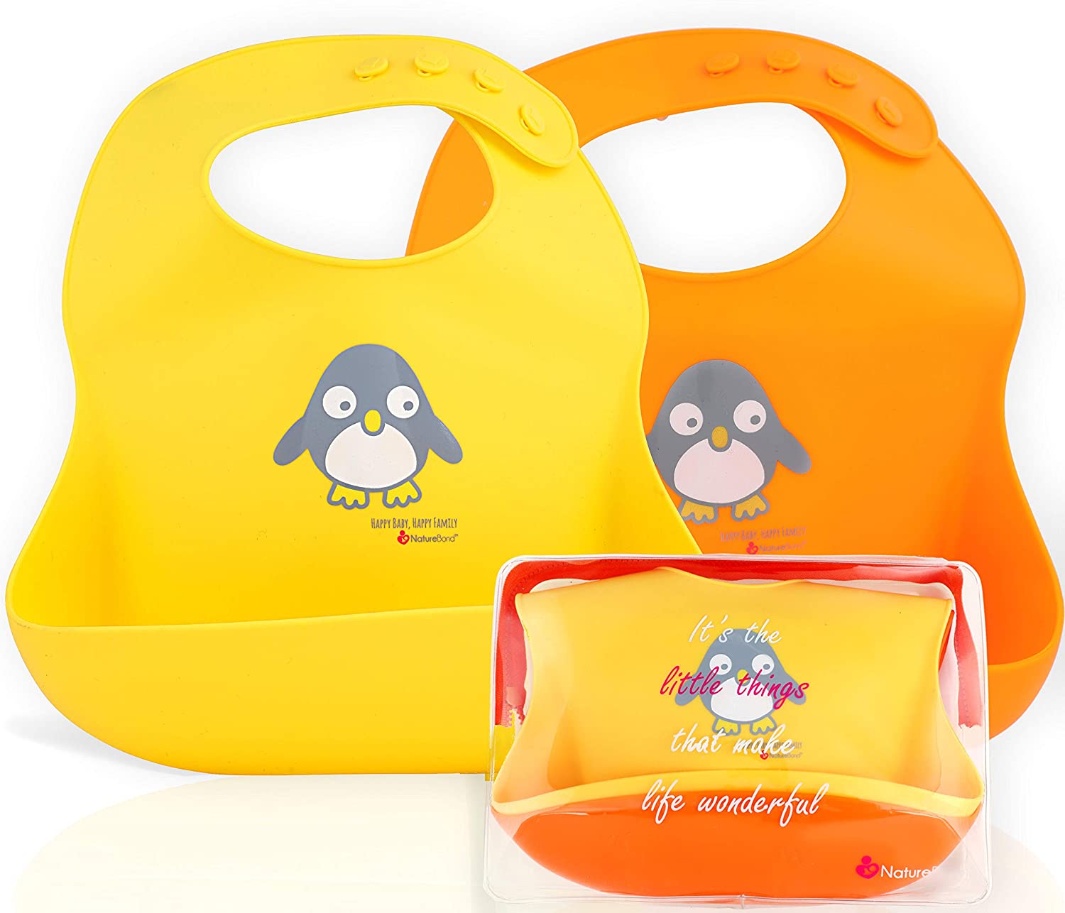 NatureBond Silicone Weaning Bibs for Babies & Toddlers (2pcs) with Waterproof Pouch, Lemonade Yellow & Tangerine Orange