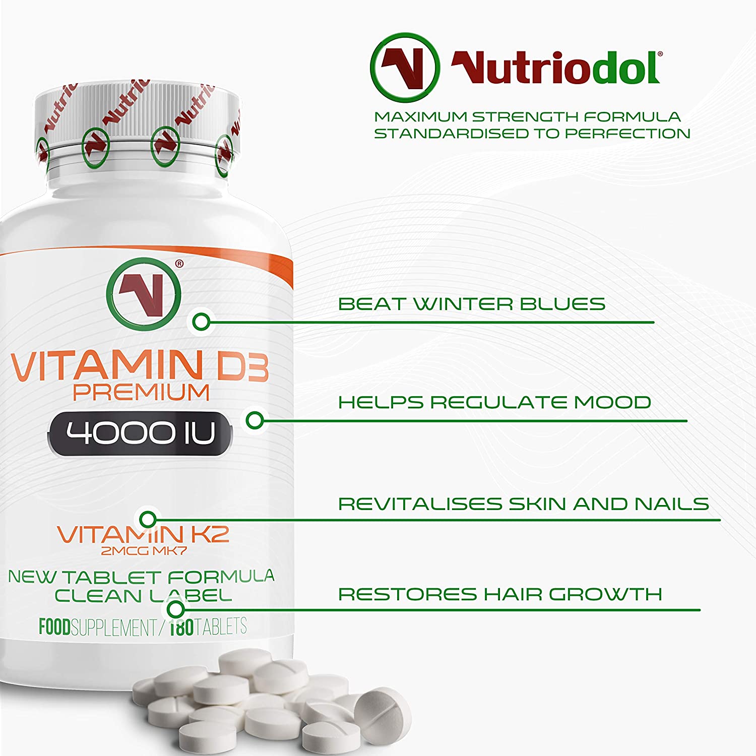 Nutriodol Vitamin D3 4000 IU + K2 MK-7 (20 μg, Natto-Derived) - 180 Micro-Tablets, 180 count (Pack of 1) - Image 3