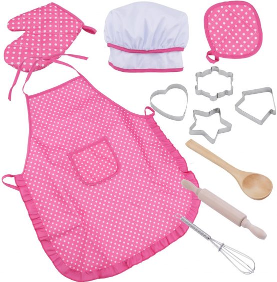 niCWhite Kids Chef Play Set, Kids Cooking Playset,Chef Dress Up Outfit Set with Kids Apron,Chef Hat and Other Accessories,11pcs Children Pretend Role-play Cooking Toy for Age 3+