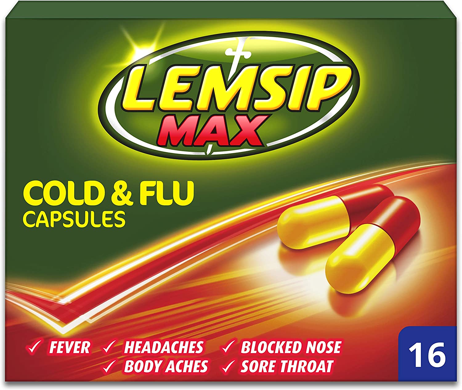 Lemsip Max Cold and Flu, Paracetamol Capsules, Lemon, 16 Total, Fever, Headache, Nasal Congestion Relief, Max Strength
