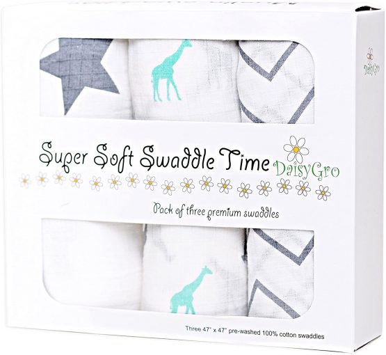 DaisyGro Luxury Swaddle Blankets, Soft Muslin Cotton, 3 Unisex Designs, Large 120cm x120cm