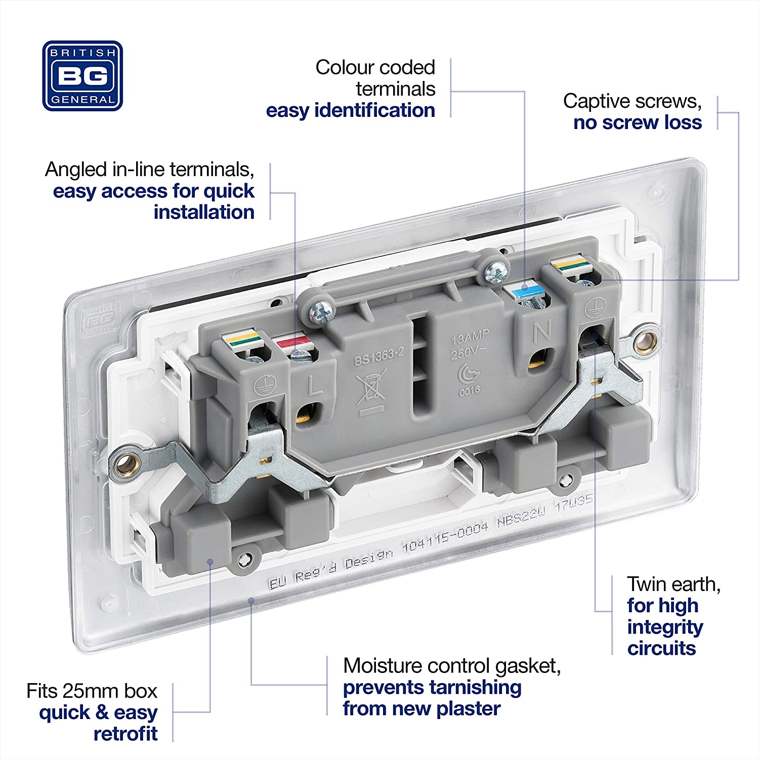 BG Electrical Double Switched Power Plug Wall Socket, Nexus Metal, Brushed Steel, White Inserts, 13A, NBS22W - Image 4