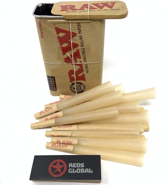 Raw Small Metal Slide Tin [Cigarette - Stash - Travel] with Small Cones and Tips