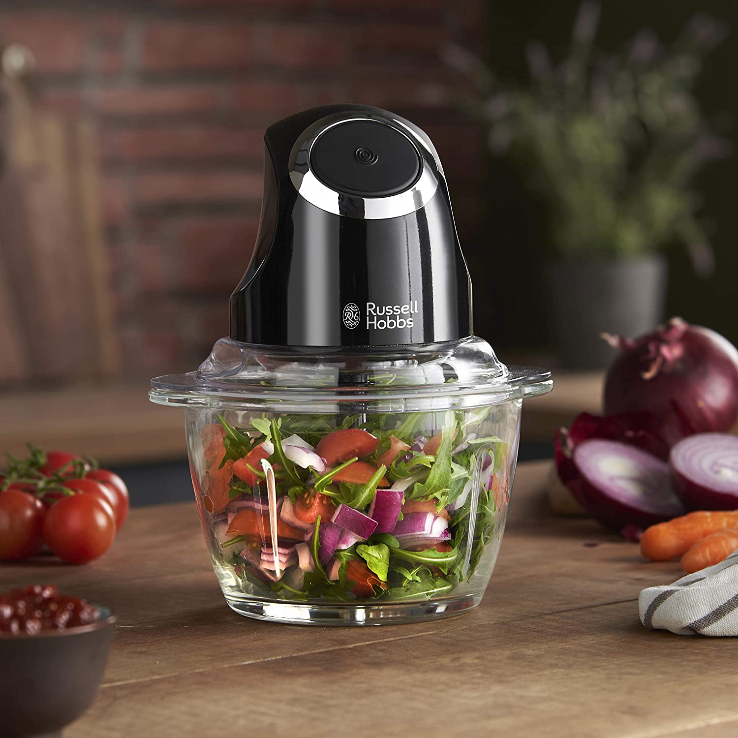 Russell Hobbs Desire Electric Fruit & Vegetable Mini Chopper, 1L glass bowl with 500ml food capacity & storage lid - Image 2