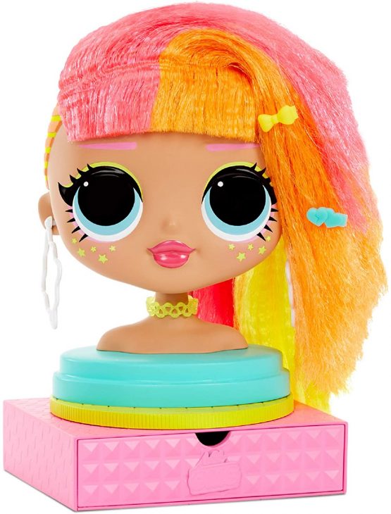 LOL Surprise OMG Styling Head with Stick-on Hair for Endless Styles - 30 Surprises and Accessories - Neonlicious
