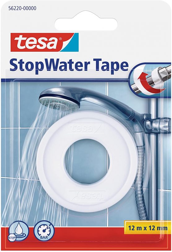 tesa UK 56220-00000-00 Stop Water Tape PTFE Plumbing Repair Tape, 12 m x 12 mm - White