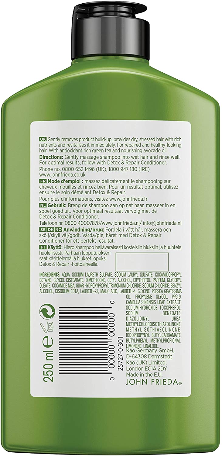 John Frieda Detox & Repair Shampoo for Dry, STRESSED & Damaged Hair with Avocado Oil and Green Tea, 250 ml - Image 2