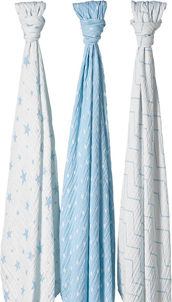 Bloomsbury Mill - Pack of 3 x Large Soft Muslin Swaddles - Pram & Nursing Cover - 100% Pure Organic Cotton Muslin in Gifting Ribbon - 120cm x 120cm - Stars, Chevrons & Polka Dots - Blue & White - Image 3