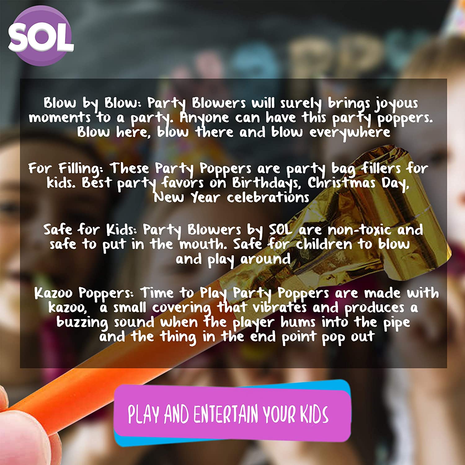 SOL 40pk Party Blowers for Party Bags Fillers for Kids Assorted Colours Party Blowers - Image 4