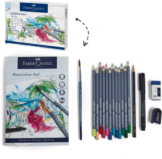 Faber-Castell Goldfaber Aqua 114614 Watercolour Pencils Gift Set 12 Colouring Pencils Including Fineliner, Pencil, Watercolour Pad, Sharpener, Eraser And Watercolour Brush