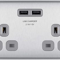 BG Electrical NBS22UG Brushed Steel Double Switched Socket with USB Outlets