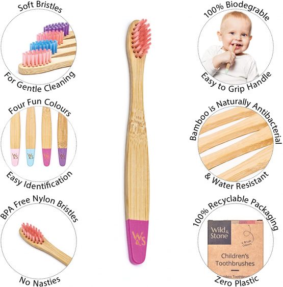 Organic Children's Bamboo Toothbrush | 4 Pack Candy Colour | Soft Fibre Bristles | 100% Biodegradable Handle | BPA Free | Vegan Eco Friendly Kids Toothbrushes by Wild & Stone - Image 3