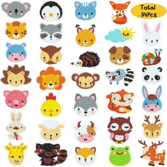 BeYumi 34Pcs 5D Diamond Painting Kits for Kids, DIY Animals Diamond Painting Stickers, Handmade Digital Diamond Arts Craft Mosaic Stickers, Painting by Numbers Kits for Adult Beginners