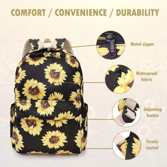 Sunflower Backpack Set 3-in-1 Kids School Bag, Junlion Laptop Backpack Lunch Bag Pencil Case Gift for Teen Girls Womens Black - Image 4