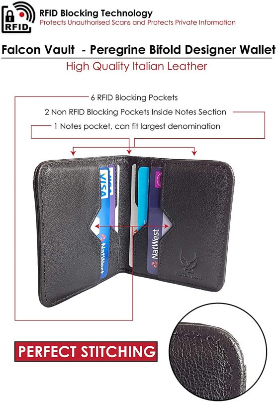 Falcon Vault RFID Blocking Bifold Men’s Wallet - Slim Genuine Italian Leather - Compact Design - Holds Upto 9 Cards - Prevents Identity Theft - Brown - Image 2