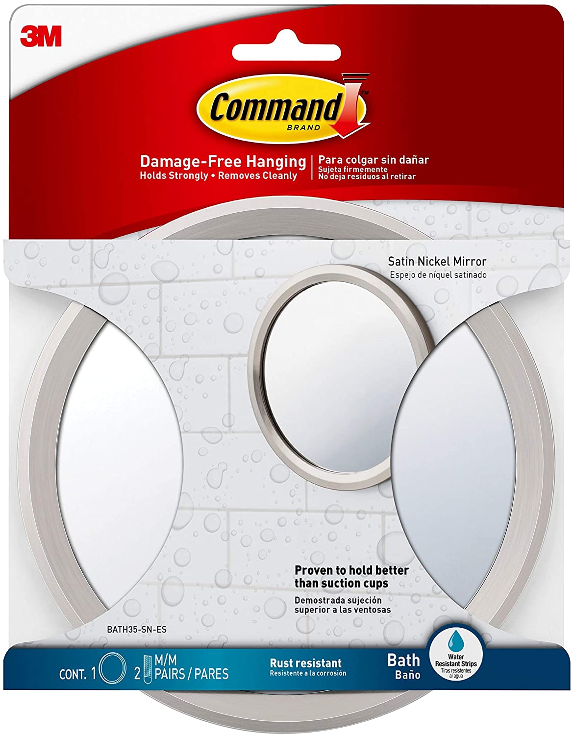 Command Bathroom Mirror, Satin Nickel - 1 Vanity Mirror and 2 works of Water-Resistant Adhesive Strips - Damage-Free Hanging