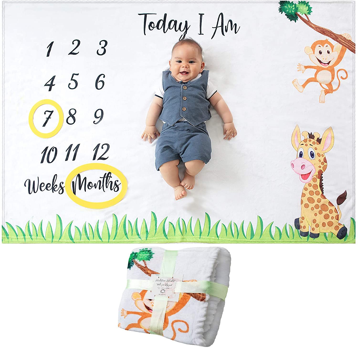 Baby Monthly Milestone Blanket, Monkey Giraffe