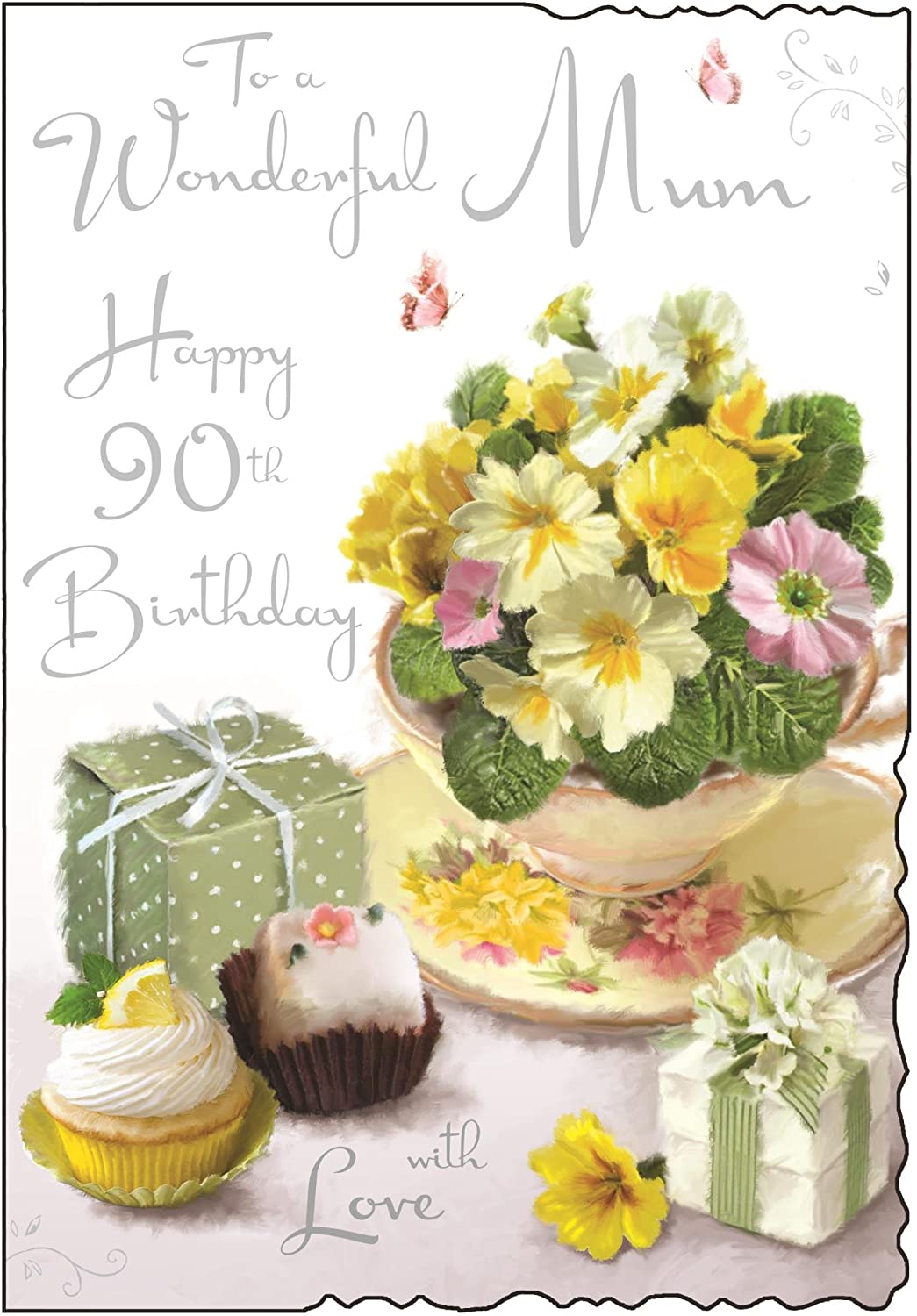 Greeting Card (JJ3026) Mum Birthday, Age 90, Yellow Flowers, Moments Range, Emboss and Foil Finish, white|yellow|green|beige