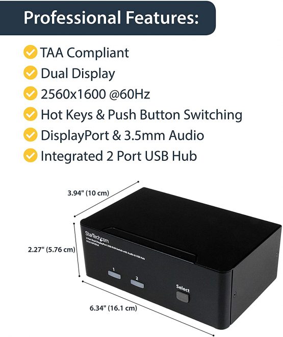 StarTech Dual Monitor DisplayPort KVM Switch - 2 Port - USB 2.0 Hub - Audio and Microphone - DP KVM Switch (SV231DPDDUA) - Image 2