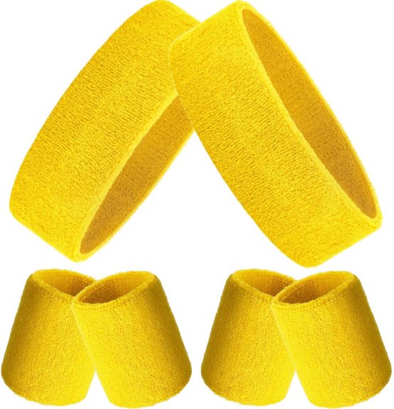 Bememo 6 Pieces Striped Sweatbands Set, Includes 2 Pieces Sports Headband and 4 Pieces Wristbands Sweatbands Colorful Striped Sweatband Set for Men and Women