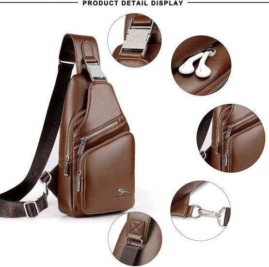 QXuan Men's Sling Bag Vintage Genuine Leather Backpack Purse Anti-theft with USB Charging Port and Headphone Hole,Small Chest Shoulder Bags Daypack for Outdoor Casual Sport Travel - Image 3