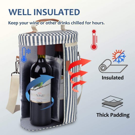 Kato Tirrinia Insulated Wine Cooler Bag, 2 Bottle Padded Wine Tote Carrier for Picnic, Beach, Camping, Wine Lover Gift, Stripe - Image 2