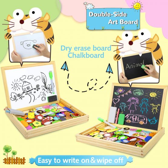 COOLJOY Wooden Magnetic Puzzle Games, 100+ PCS Double Sided Jigsaw Animal Pattern Drawing Easel Blackboard Educational Wood Toys for Boys Girls Kids Toddler 3 4 5 Year Olds - Image 3