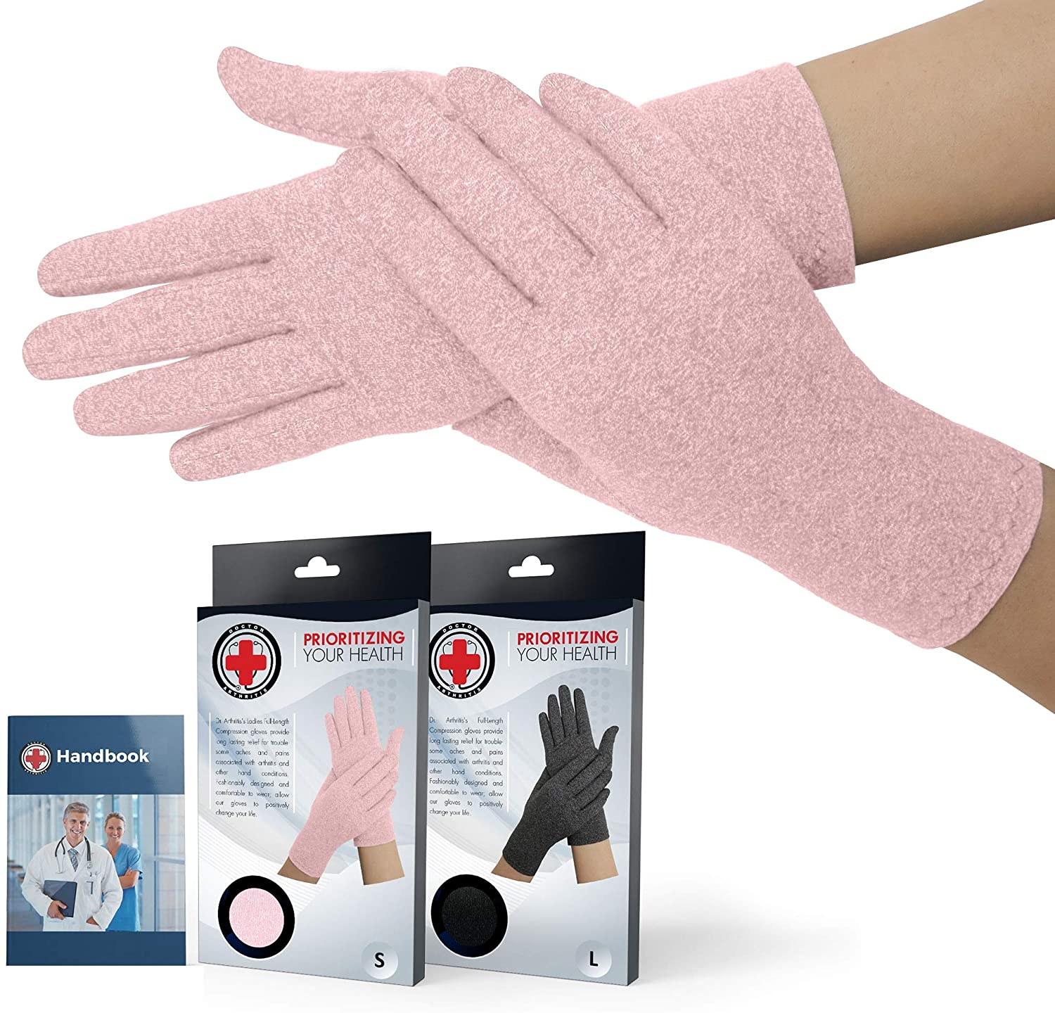 Doctor Developed arthritis compression gloves for women/men & Doctor Handbook - medical support grey (pink, medium (1 pack))