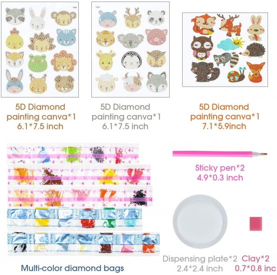 BeYumi 34Pcs 5D Diamond Painting Kits for Kids, DIY Animals Diamond Painting Stickers, Handmade Digital Diamond Arts Craft Mosaic Stickers, Painting by Numbers Kits for Adult Beginners - Image 2