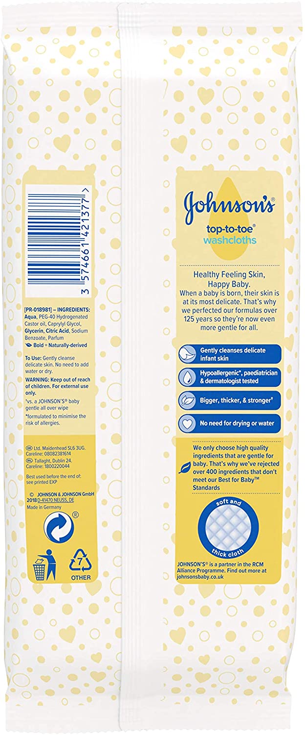 JOHNSON’S Baby TopToToe Washcloths 15 pieces Premoistened