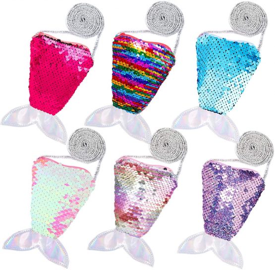 FT-SHOP Mini Children's Coin Purse 6 Pieces Mermaid Tail Sequins Zipper Wallet Pouch with Strap Crossbody Shoulder Bag for Kids little Girls