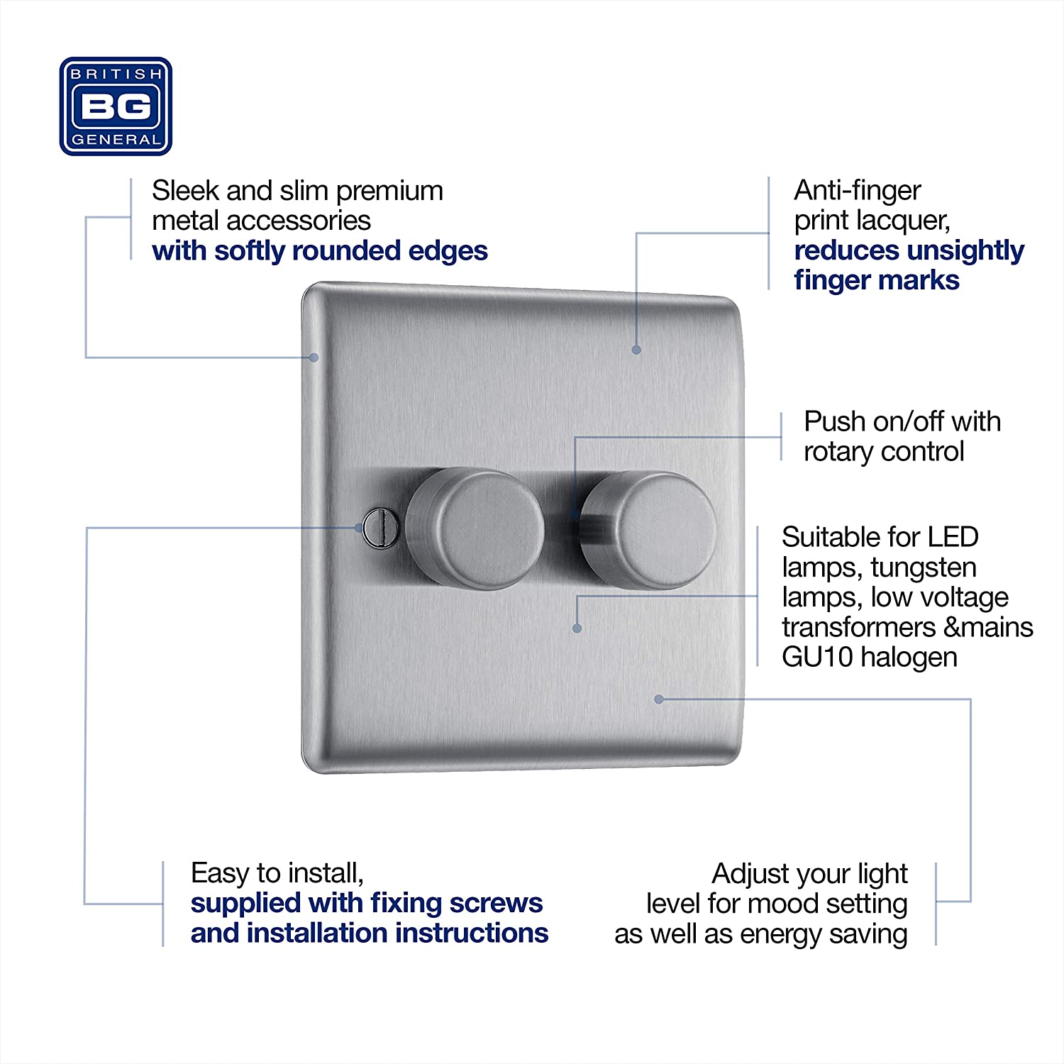BG Electrical Intelligent Double Wall Dimmer Switch, 2 Way, Raised Profile, Round Edges, Nexus Metal, Brushed Steel, 200W, NBS82 - Image 3