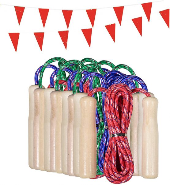 Childrens Skipping Ropes. Wooden Handle Skipping Ropes for Kids. 10 Colourful Jump Ropes for Outdoor Games and Children's Parties. Includes a Frisbee (Pack 10)