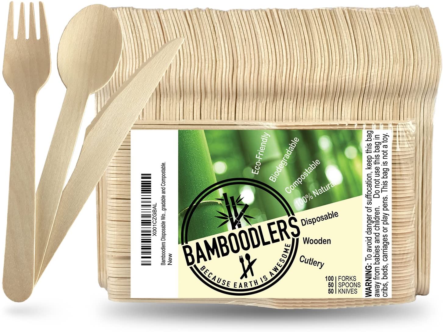 Disposable Wooden Cutlery set by Bamboodlers | 100% All-Natural, Eco-Friendly, Biodegradable, and Compostable - Because Earth is Awesome! Pack of 200- 16.5cm utensils (100 forks, 50 spoons, 50 knives)