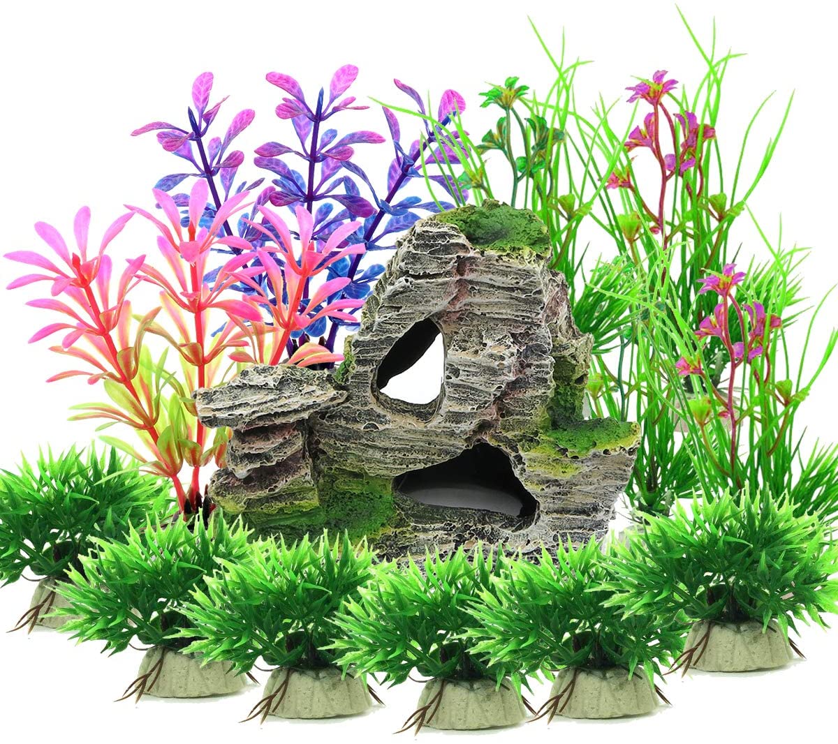 Vibury Aquarium Decoration Plants, 13 Pieces Size Plastic Aquarium Plants Decoration and Rock Polyresin Cave Ornament Decoration