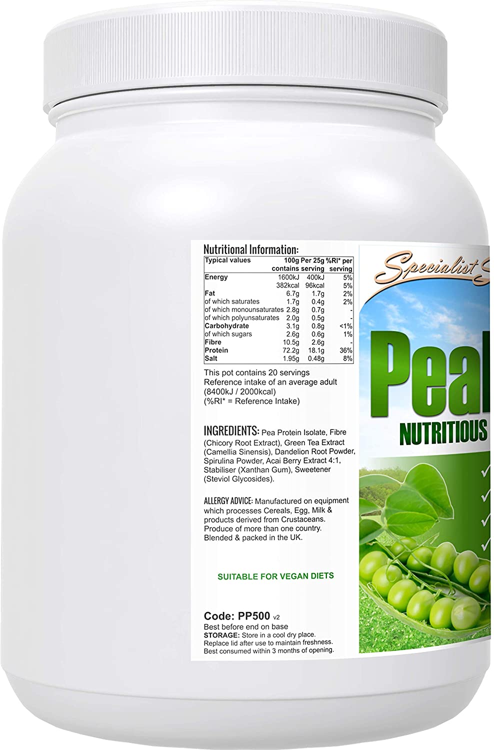 Specialist Supplements PeaNourish Pea Protein Powder 500g, Green - Image 2