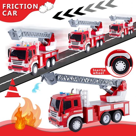 HERSITY Kids Fire Engine Truck Toys Push and Go Cars with Lights and Sounds Emergency Rescue Ladder Truck Educational Toy Gifts for 3 4 5 6 Years Old Boys Girls - Image 3