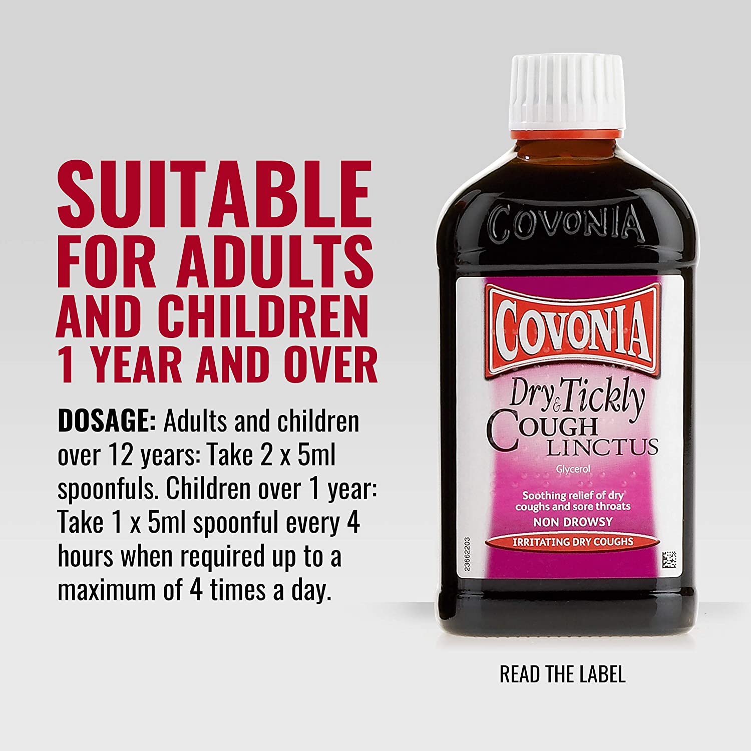 Covonia Dry and Tickly Cough Linctus Syrup, Sore Throat Relief, Non